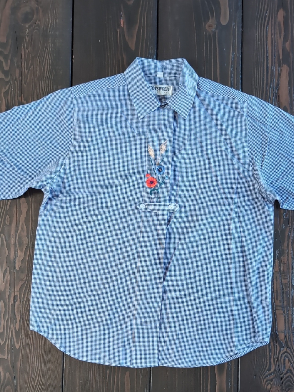 Blue Checked Short-Sleeve Embroidered Women's Blouse